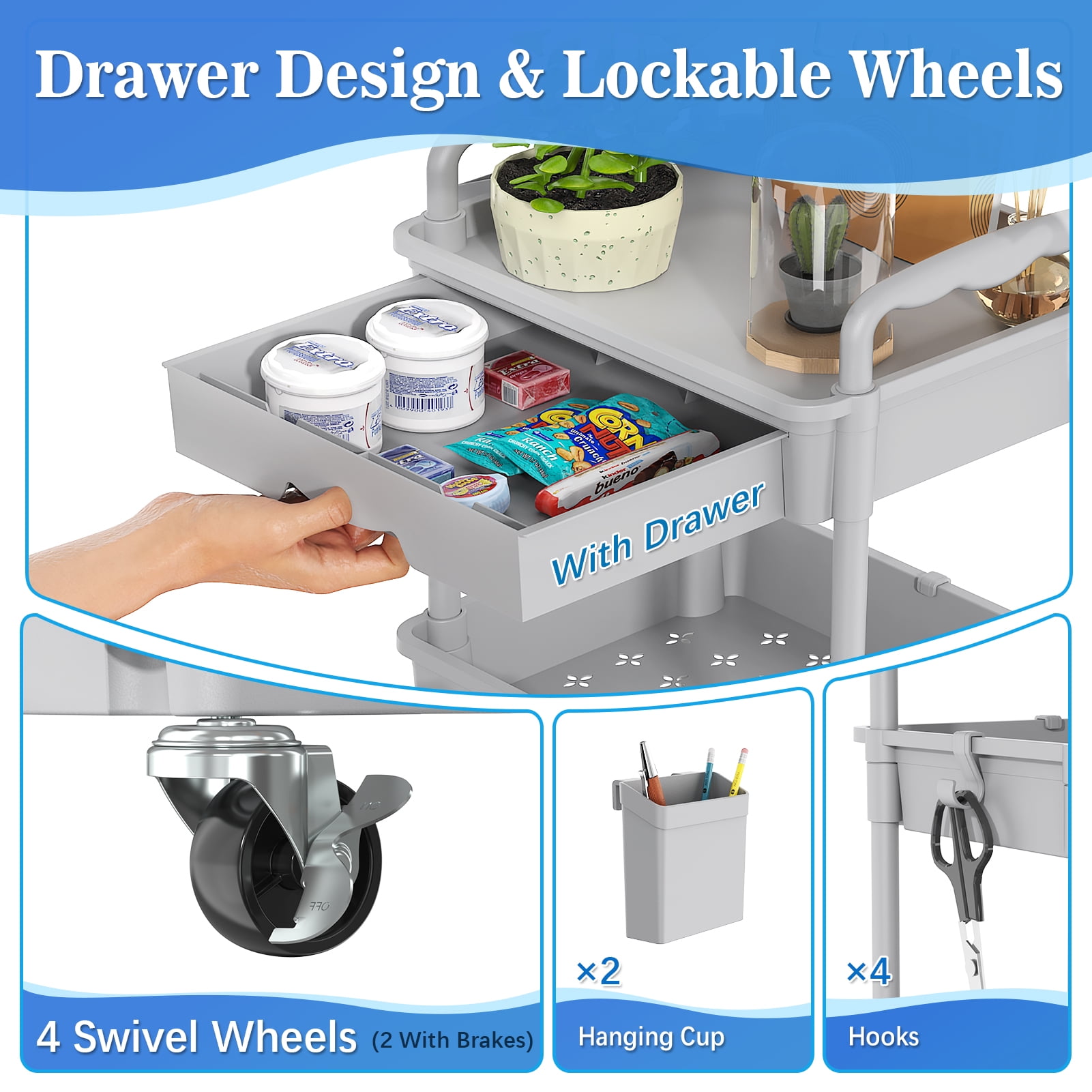 3 Tier Rolling Utility Cart with Removable Drawer, Bathroom Storage Organizer with 2 Lockable Wheels, Mobile Shelving Unit for Kitchen, Office, Snack, Craft, Makeup, Baby Essentials, Gray