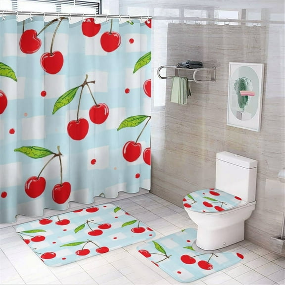 Cherry Print Pattern Shower Curtain Bathroom Sets Toilet Lid Rug, Bath Mat And Contour Mat, Shower Curtain 4Pcs