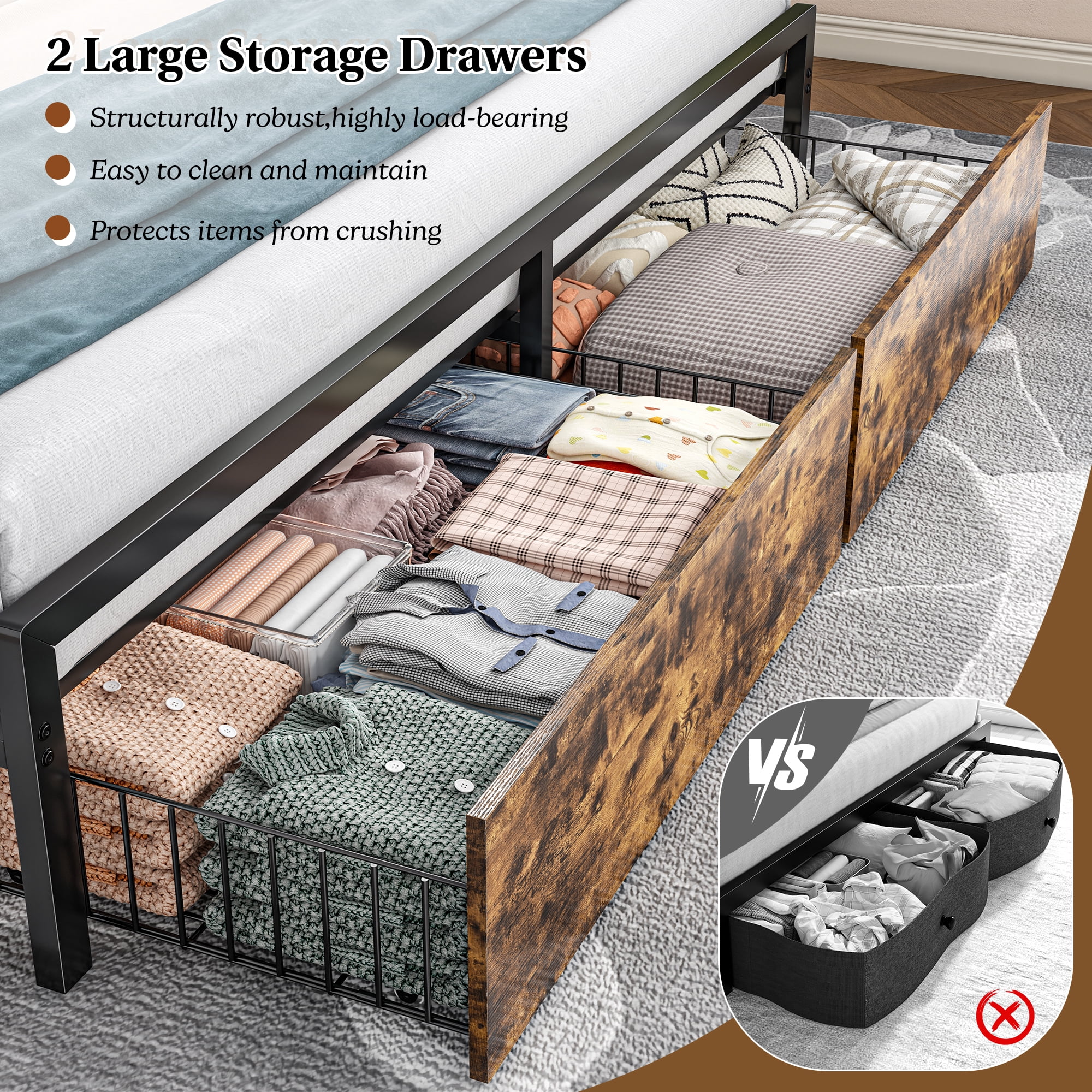 EnHomee Metal Bed Frame with 3-Tier Storage Headboard King Size Metal Bed Frame with 2 Underbed Drawers & 2 Bedside Fabric Drawers & LED Lights & Charge Station,Rustic Brown