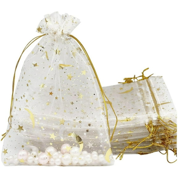 Sheer Organza Candy Bags,100 Pcs Organza Drawstring Pouches,Stars Moon Design Small Gift Bags,Organza Decorative Bags for Wedding Party Christmas Birthday Favor Jewelry Bags,4*6 inch,Topboutique