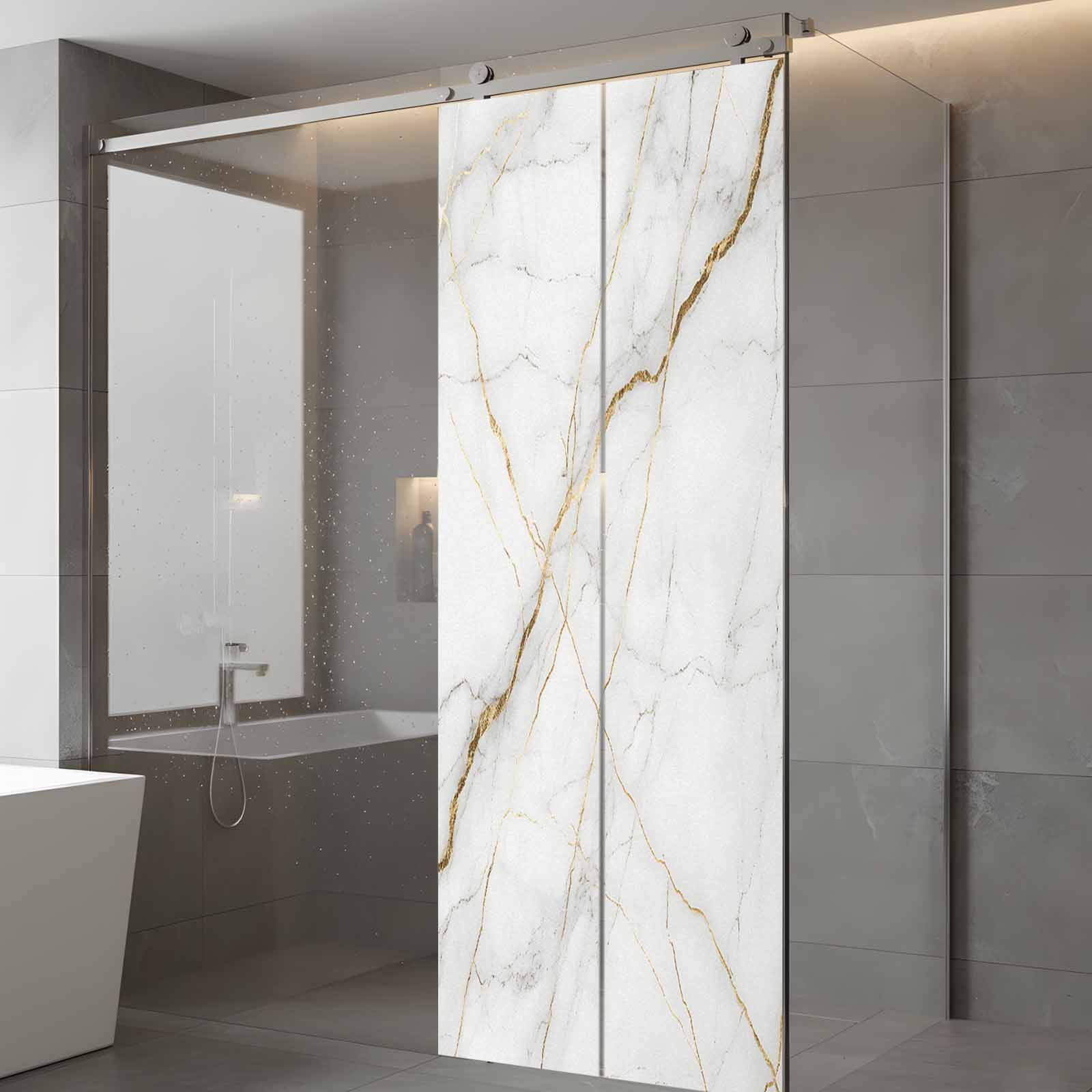 Marble Window Privacy Film, Grey Golden Crack Minimalistic Abstract Static Cling UV Sun Blocking Heat Control Window Tint Day and Night, Non-Adhesive One Way Windows Privacy Cover 23.6''x59''