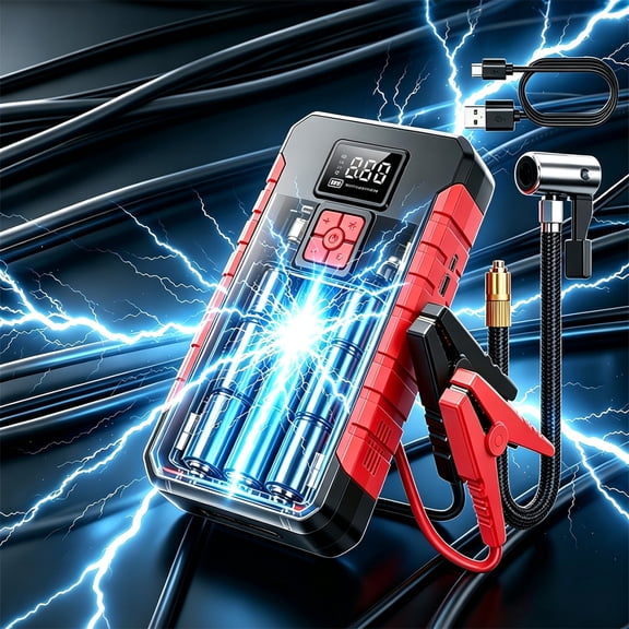 SHARMEAL 22000A Portable 12V Car Jump Starter with Air Pump Inflator, Smart Anti‑Burn Safety Battery Clips, Emergency Power Bank with LED Light