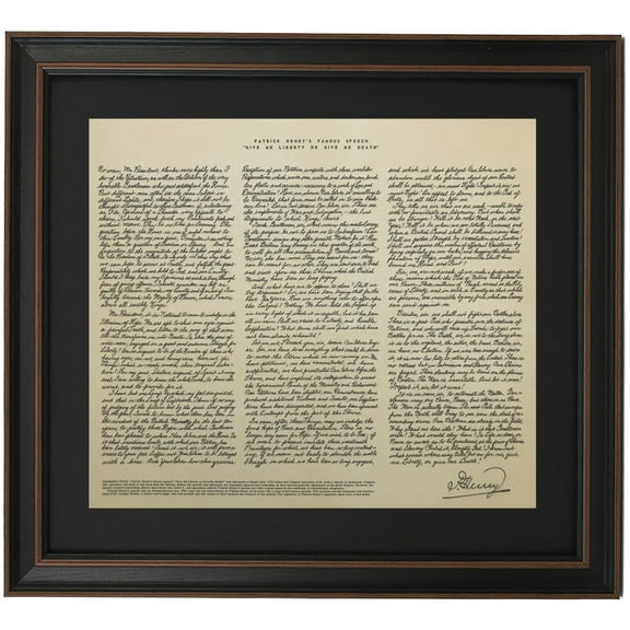 Framed "Give Me Liberty or Give Me Death" Speech by Patrick Henry. Parchment Prints by Patriot Gear Company.