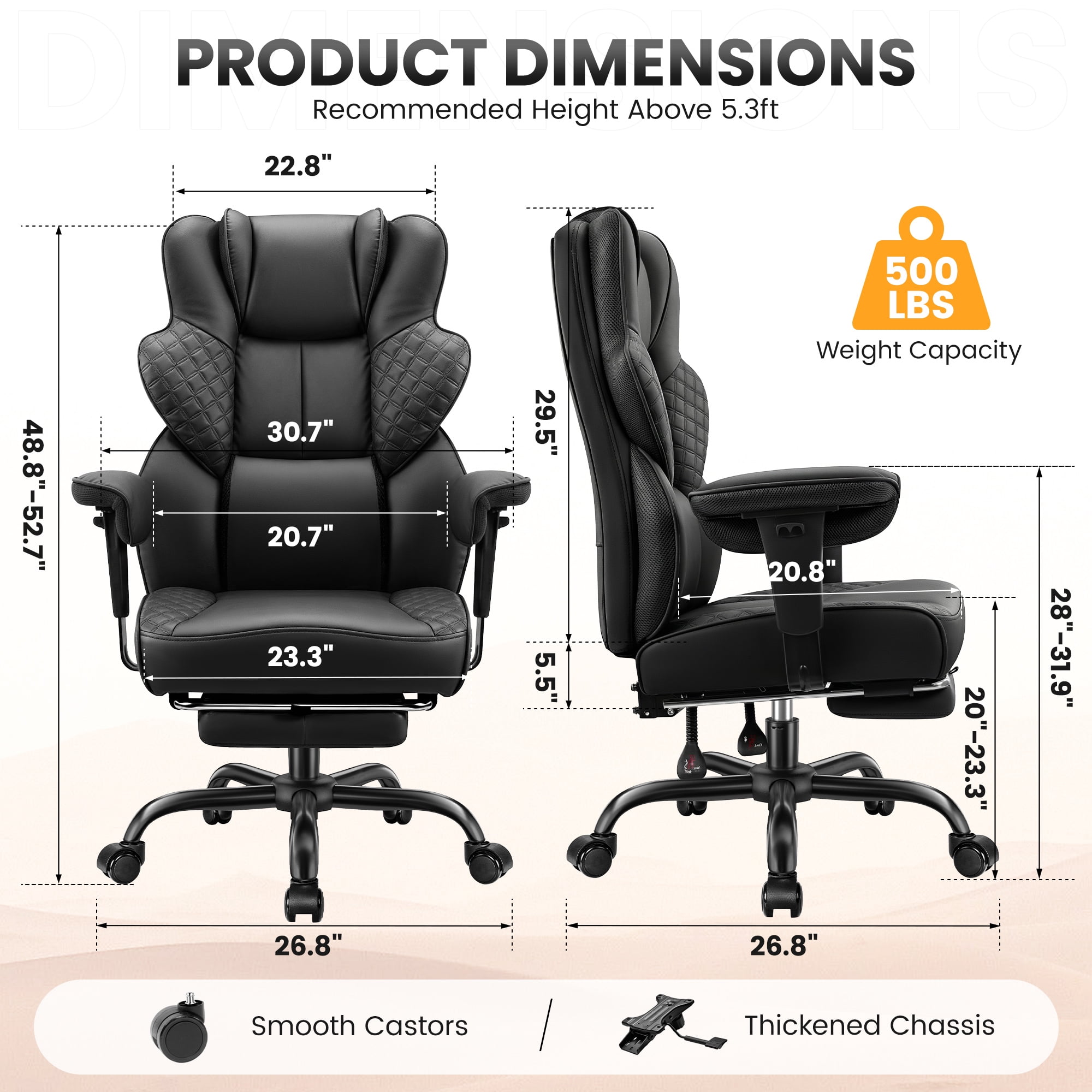 COOLHUT Big and Tall Office Chair 500lbs, Heavy Duty Ergonomic Office Desk Chair with Deluxe Embossing PU Leather with Footrest, Executive Gaming Chair with Lumbar Support, Black