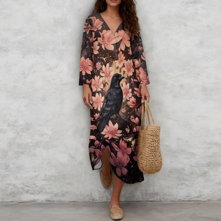 women sundress dress polyester Binienty Side Pockets Sleeveless Sundress, Floral Women's Sleeveless Dress Polyester Round Neck Ladies Irregular Hem Casual Dress Tank, Size: Large
