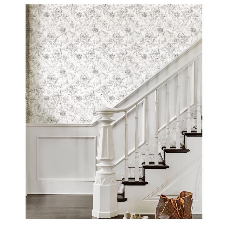 Black And White Peel And Stick Floral Wallpaper, Removable Sketched Peonies Design, 17.3 X 118 Inch Roll, Self-Adhesive For Bedroom Living Room Accent Wall