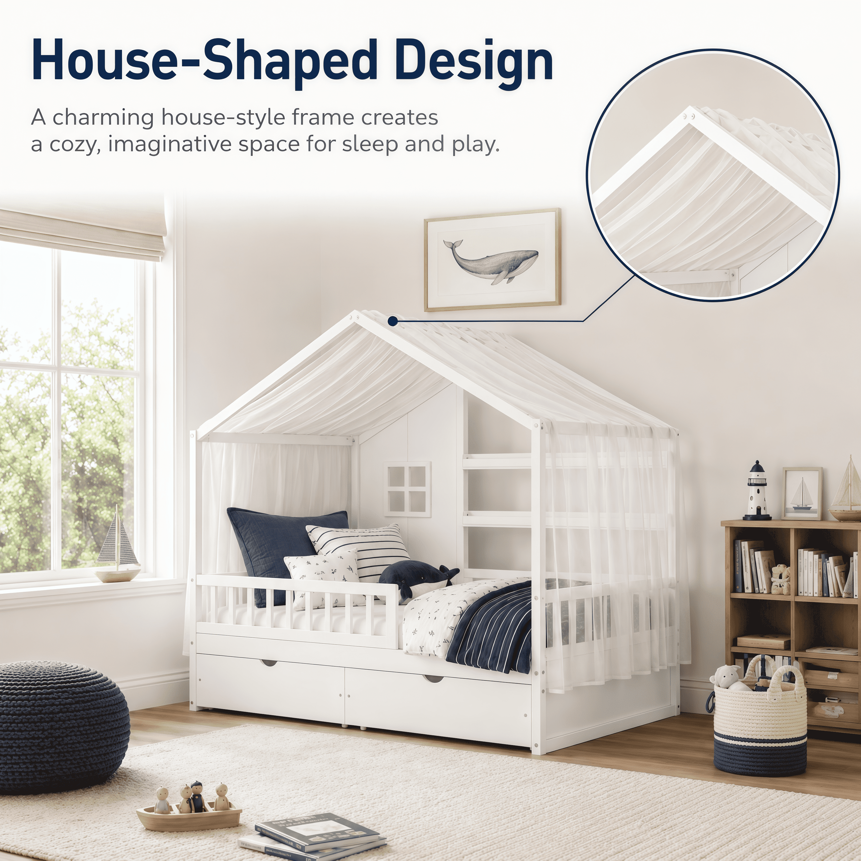 Euroco Wood Full Size House Bed with Roof and Curtains, Montessori Floor Bed with Drawers and Safety Guardrails,No Box Spring Needed, White