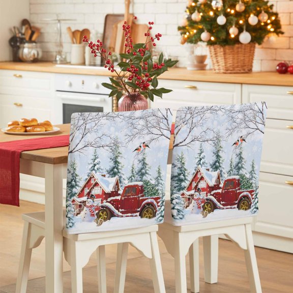Christmas Red Truck Chair Covers Set of 1 Pine Tree Winter Branches Xmas Farmhouse Chair Back Covers Stretch Removable Washable Slipcovers Protector for Dining Room Kitchen Party Decor