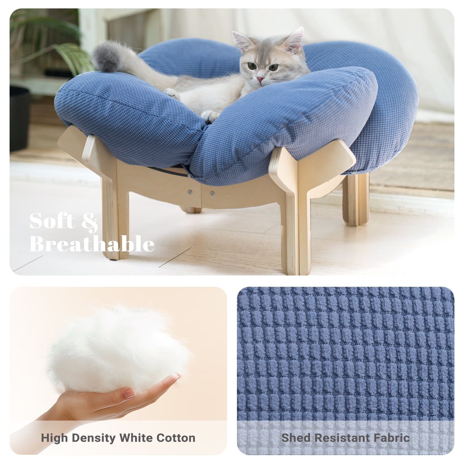CheerPals Elevated Cat Bed Wooden with Cushion Fluffy Pet Couch Sofa for Indoor Cats Raised Kitty Lounge Chair Suitable for Puppy, Cat Furniture(Dark Blue)
