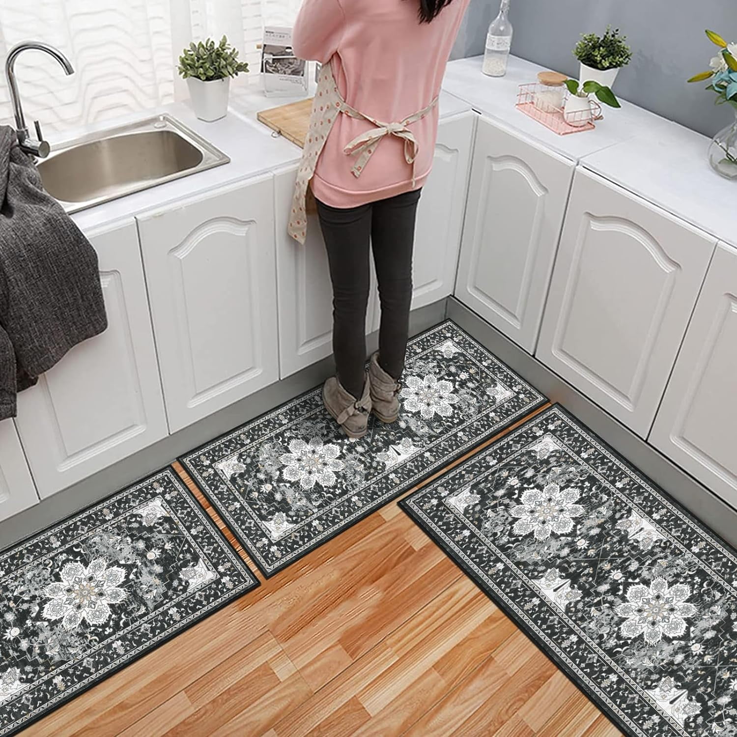 Kitchen Rug and Mat, Yamaziot Boho Kitchen Rug Set of 3, Non Slip Washable Farmhouse Floor Mat Hallway Runner, Laundry Room Carpet