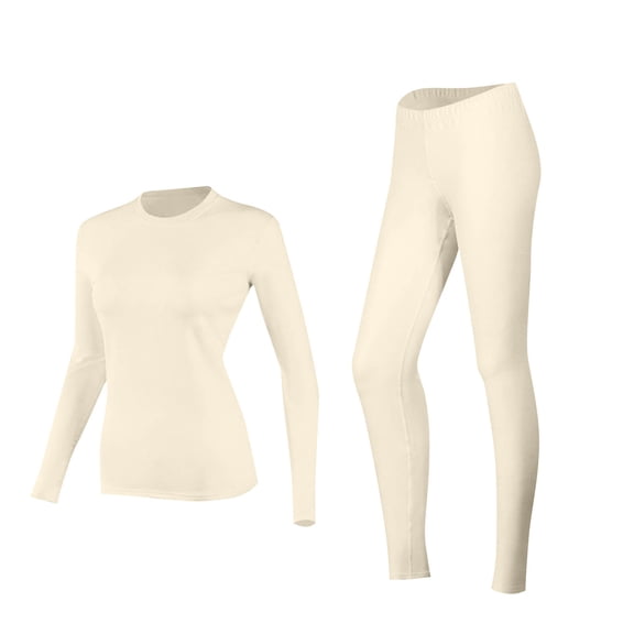 Fmbrln Thermal Underwear for Women Sets Fall Winter Crew Neck Solid Color Long Sleeve Tops and Long Pants 2 Piece Sets Plush Warm Cold Weather Base Layer Beige 2XL
