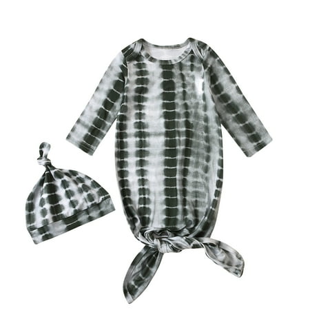 

Newborn Infant Sleeper Gown and Hat Set Tie Dye Print Long Sleeve Nightgowns Sleeping Bag Coming Home Outfit