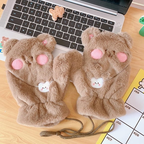 Gants d'Hiver Épaissis Chauds en Peluche Mignons Thé Thé Ours Gants d'Étudiant avec Lanière Plein Air Équitation Gants pour Enfants Doigts Complets Gants Tricotés Mitaine Chaude Hiver
