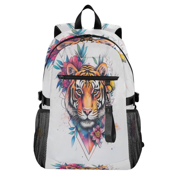 Full‑Print Casual Laptop Backpack, 20L Water‑Resistant Twill Tote Daypack with 14 Inch Computer Compartment for School Business Travel Color Art Tiger