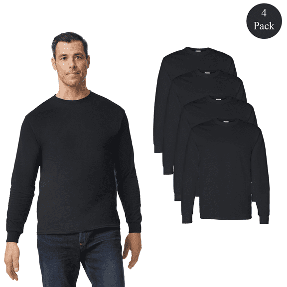 Gildan Long Sleeve T-Shirt for Men, Heavy Cotton Crew Neck Tee, Classic Fit, Black, Size S, 4 Pack