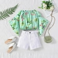 thumbnail image 2 of Afdoent Toddler Baby Girl Clothes Summer Girls Off Shoulder Floral Print Flared Sleeve Top & Denim Shorts 2 Piece Set Classic 1-2 Years, 2 of 8