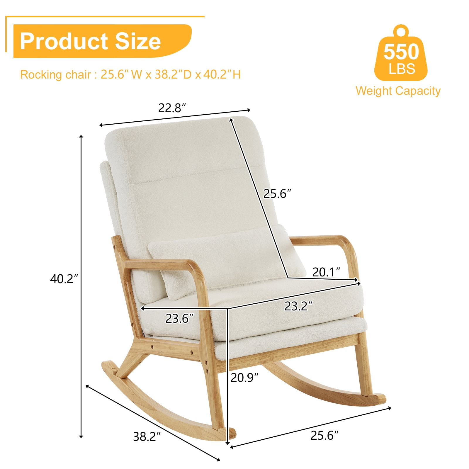 UWR-Nite Rocking Chair Nursery, 25.2" High Backrest Mid-Century Rocking Chair with Wooden Armrest Upholstered Glider Rocker with Free Lumbar Pillow for Living Room