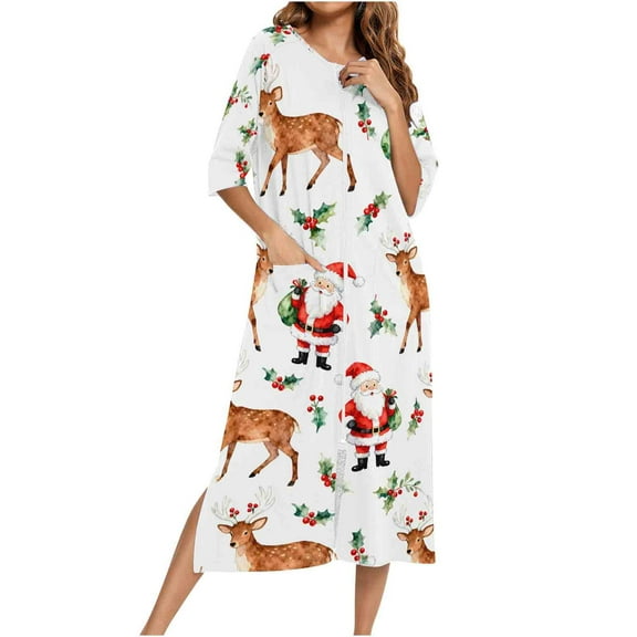 Lorytime Christmas Women Nightgowns with Pockets Reindeer Bathrobes Crewneck 3/4 Sleeve Pajamas Dress Sleepwear White 2XL