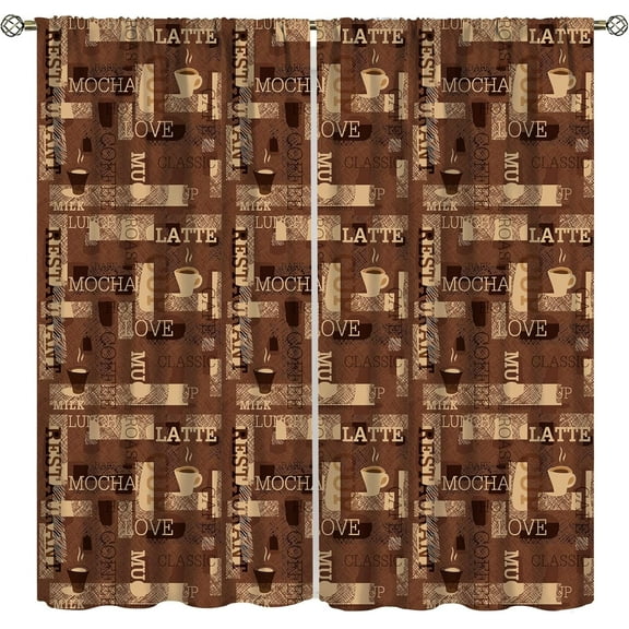 Retro Coffee Kitchen Curtains, Vintage Scribble Cafeteria Pattern Hot Mocha Latte Milk Love Typography Rod Pocket Thermal Drapes for Living Room Bedroom Cafe, 42x63 Inch