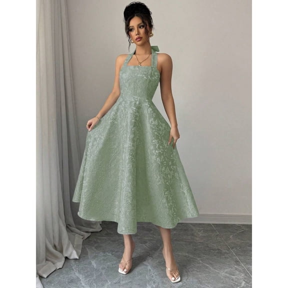 Mint Green Jacquard Halter Tie-Waist A-Line Midi Dress With Floral Texture