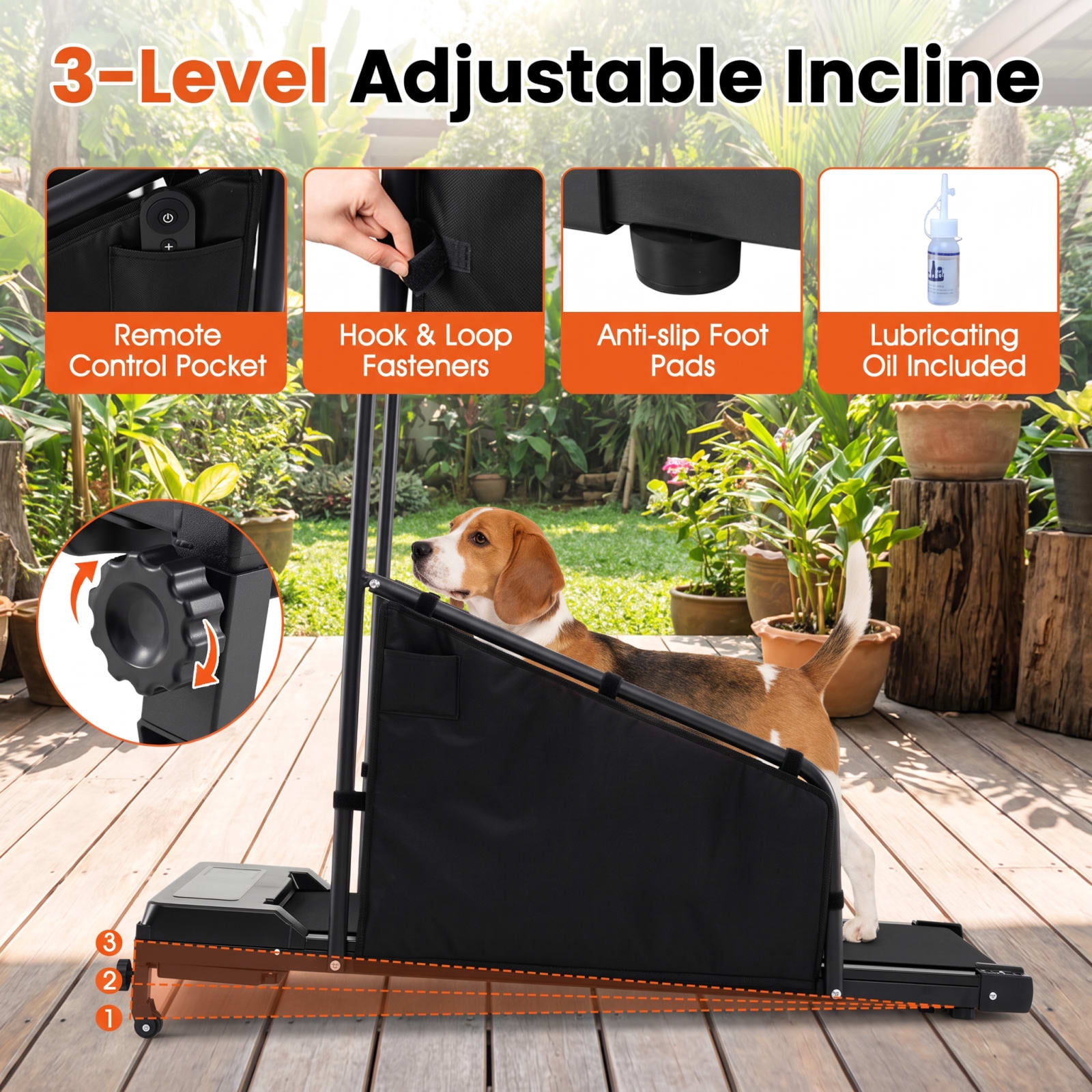 Vebreda Dog Treadmill for Small Medium Dogs, 2 HP Quiet Under-45dB Motor Pet Running Machine with Remote Control, LCD Display, 3-Level Incline, 0.5-7.5 MPH Speed & 220 lbs Capacity, Black