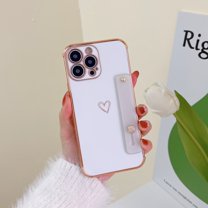 Dteck for iPhone 13 Pro Case with Strap Luxury Love Heart Plating Gold Bumper Phone Cover Wristband Kickstand Full Body Protective Slim Case for  iPhone 13 Pro,White