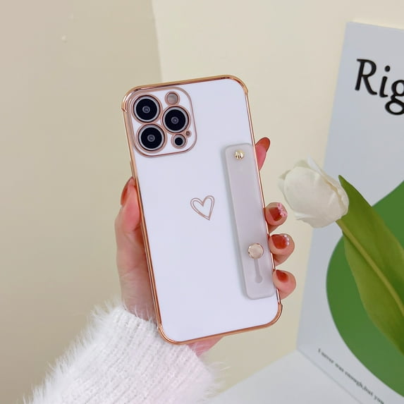 Tech Circle Compatible with iPhone 13 Pro Case for Women Girls Bling Cute Love Heart Slim TPU Plating Bumper Adjustable Hand Strap Stand Holder Shockproof Phone Case for iPhone 13 Pro,White
