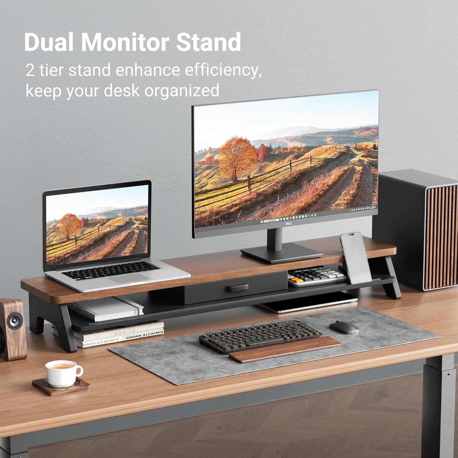 39.4 Inch Dual Monitor Stand with Storage Shelf, 2-Tier Wooden Desk Organizer Riser for Computer, Laptop, Printer and Phone/Tablet