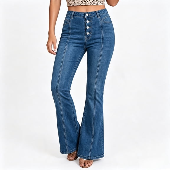 Women's High‑Rise Flare Leg Denim Jeans, Medium Wash Jeans with Button Fly Closure & Front Seam Detail, Sizes 4‑18