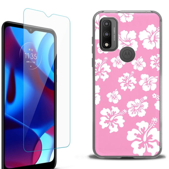 Slim-Fit Protective Phone Case (Black) compatible with Motorola Moto G Pure 5G, with Tempered Glass Screen Protector, by OneToughShield ® - Hibiscus Pink