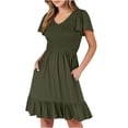 thumbnail image 1 of Penkiiy Robe Courte d'Été pour Femme à Col Rond, Décontractée, Smockée, Manches Bouffantes, Mignonne, avec Poches, G Vert Armée, 1 of 6