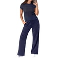 thumbnail image 2 of Women's Wide Leg Crochet Sheer Knit Sweater Matching Sets 2 Piece Set Pants Outfit Top for Lounge Navy Blue XXL, 2 of 10