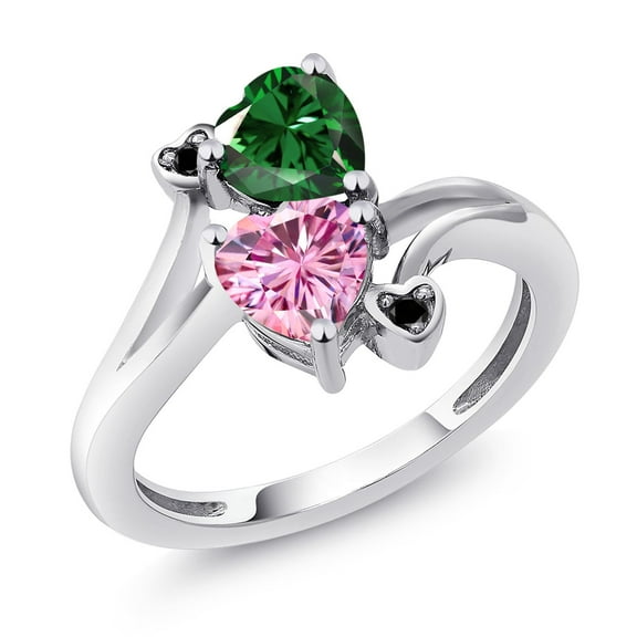 Gem Stone King 925 Sterling Silver Green Nano Emerald Pink Moissanite and Black Diamond Ring for Women (1.53 Cttw, Heart Shape 6MM, Gemstone May Birthstone, Size 9)