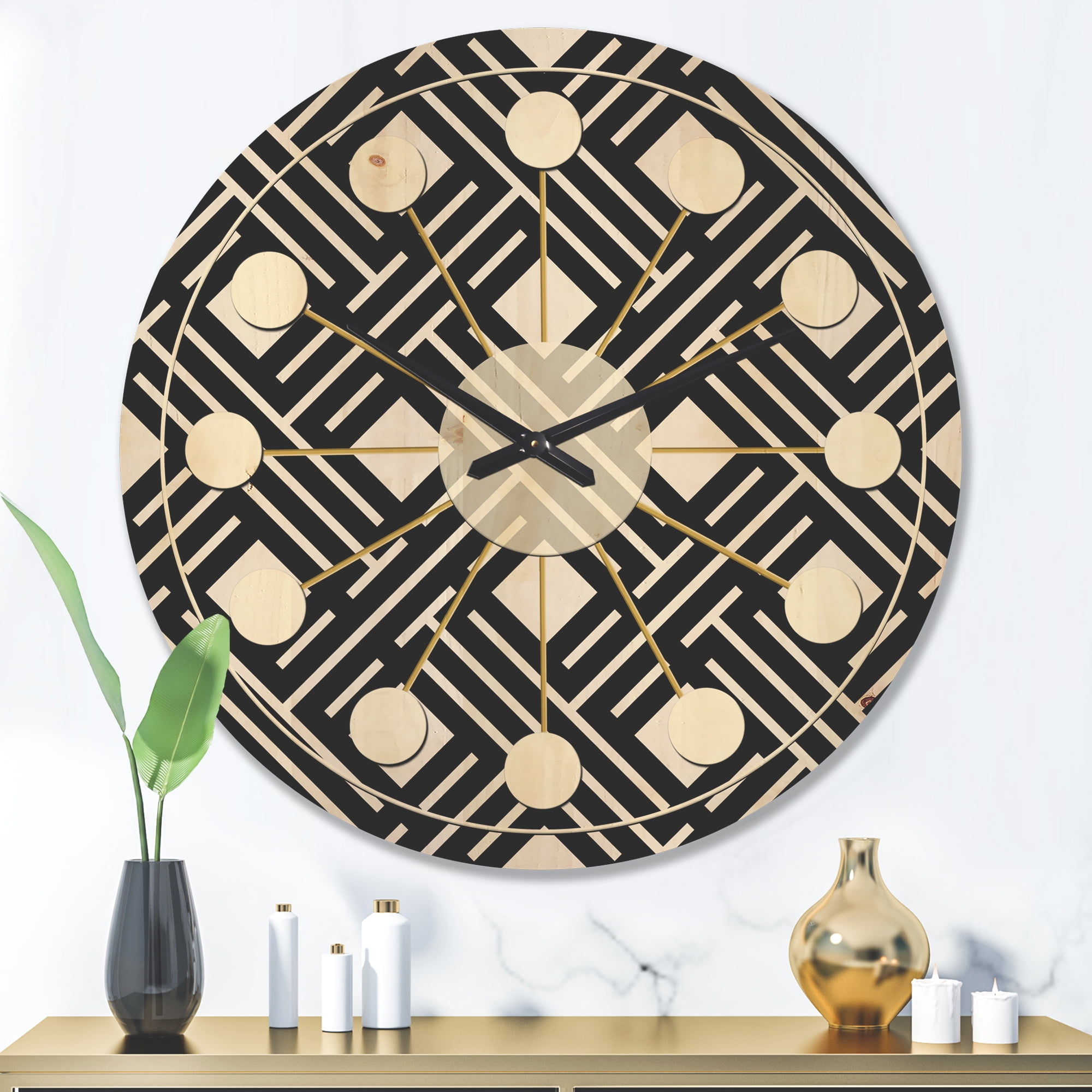 Designart 'Black and White Geometric Pattern II' Mid-Century Modern Wood Wall Clock