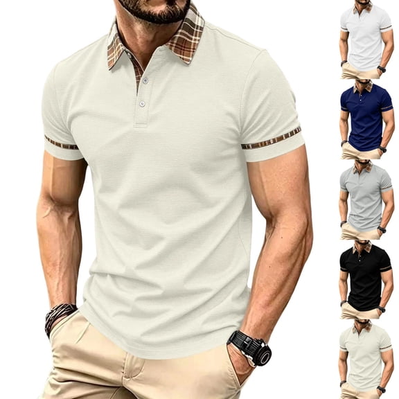 Zimjoy Men's Polo Shirt Short Sleeve Waffle Knit Casual Golf Polo Plaid Collar Stylish Button Down Business Casual Shirt for Men Beige L