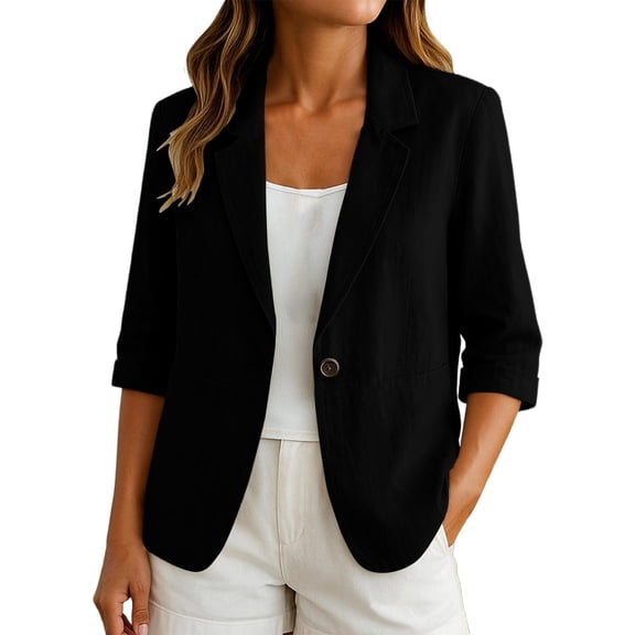 Hurxie Summer Women’s Linen Blazer Jacket - Lightweight Breathable 3/4 Stretchy Ruched Sleeve Casual Work with Pocket Black,S