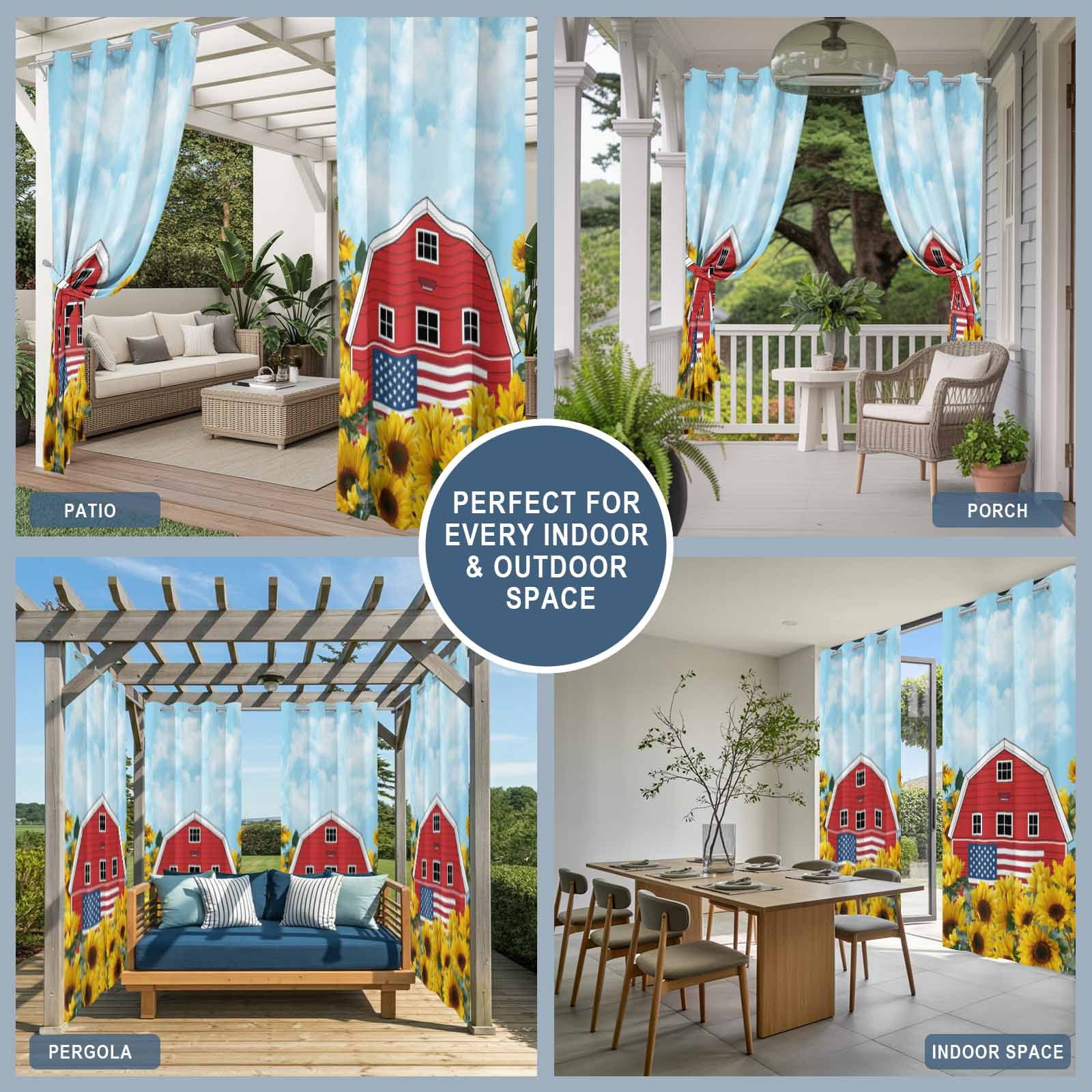 Independence Day Outdoor Curtains for Patio, U.S. Flag Themed Red Barn Farmhouse Sunflower Sunshade Privacy Drapes Grommet Waterproof Outside Curtains for Porch/Cabana/Balcony 54"x 108", 1 Panel
