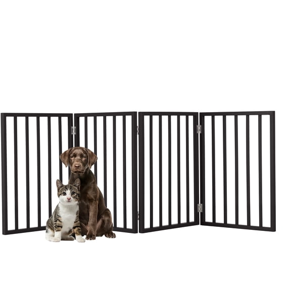 4-Panel Indoor Pet Gate for Dogs and Small Pets, Foldable Freestanding Dog Fence for Stairs, Hallways, Doorways, 72 x 24 Inch Wooden Pet Barrier, Black Finish with Easy Storage Panels by PETMAKER