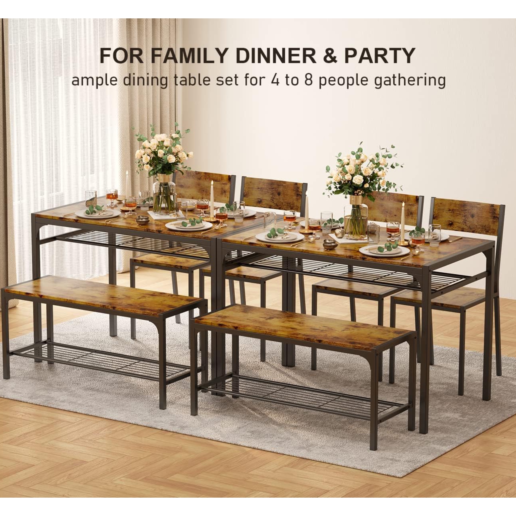 Lofka Kitchen Table Set for 4 with 1 Table & 2 Chairs & 1 Bench, Modern Small Dining Room Set for Small Spaces, Retro
