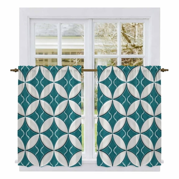 Abstract Geometric Tier Curtains 54 Inch Length, Vintage Rhombus Circle Texture Green Cafe Short Curtains for Bathroom Over Sink, Small Kitchen Curtain Light Filtering Drapes 2 Panels 27.5"Wx54"L
