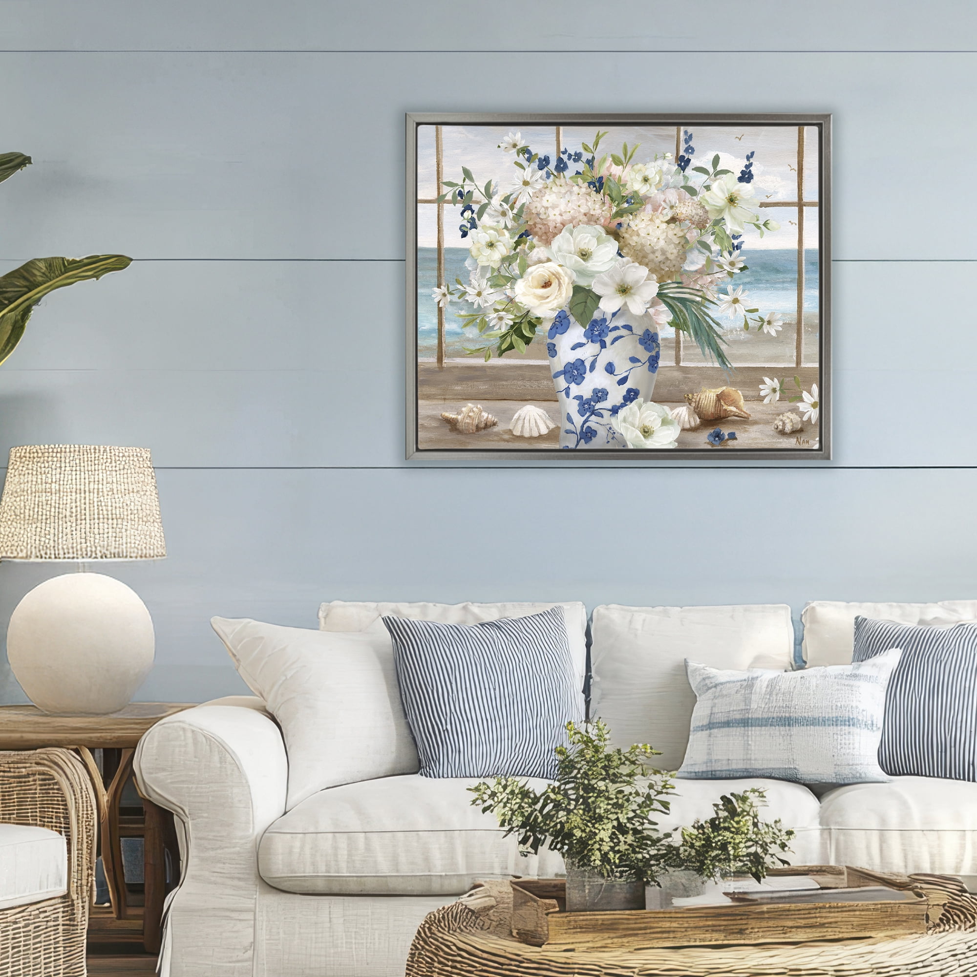 Stupell Industries Seashells & Flowers Windowsill Gray Framed Floater Canvas Wall Art, design by Nan
