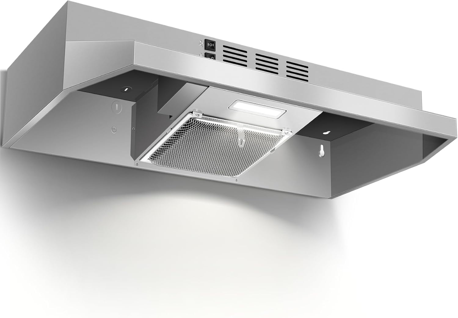 24 inch Range Hood Under Cabinet, Stainless Steel Kitchen Hood 280CFM, Ducted/Ductless Vent Hood with Rocker Button Control, Stove Hood with 2 Speeds Fan, Bright LED Light, black, silver, white