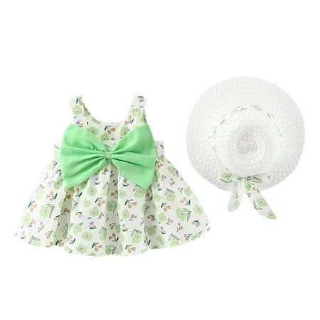 

QWERTYU Infant Baby Toddler Child Children Kids Summer Floral and Set Sleeveless Outfits Bow Clothing Set with Sun Hat for Girl 6M-3Y