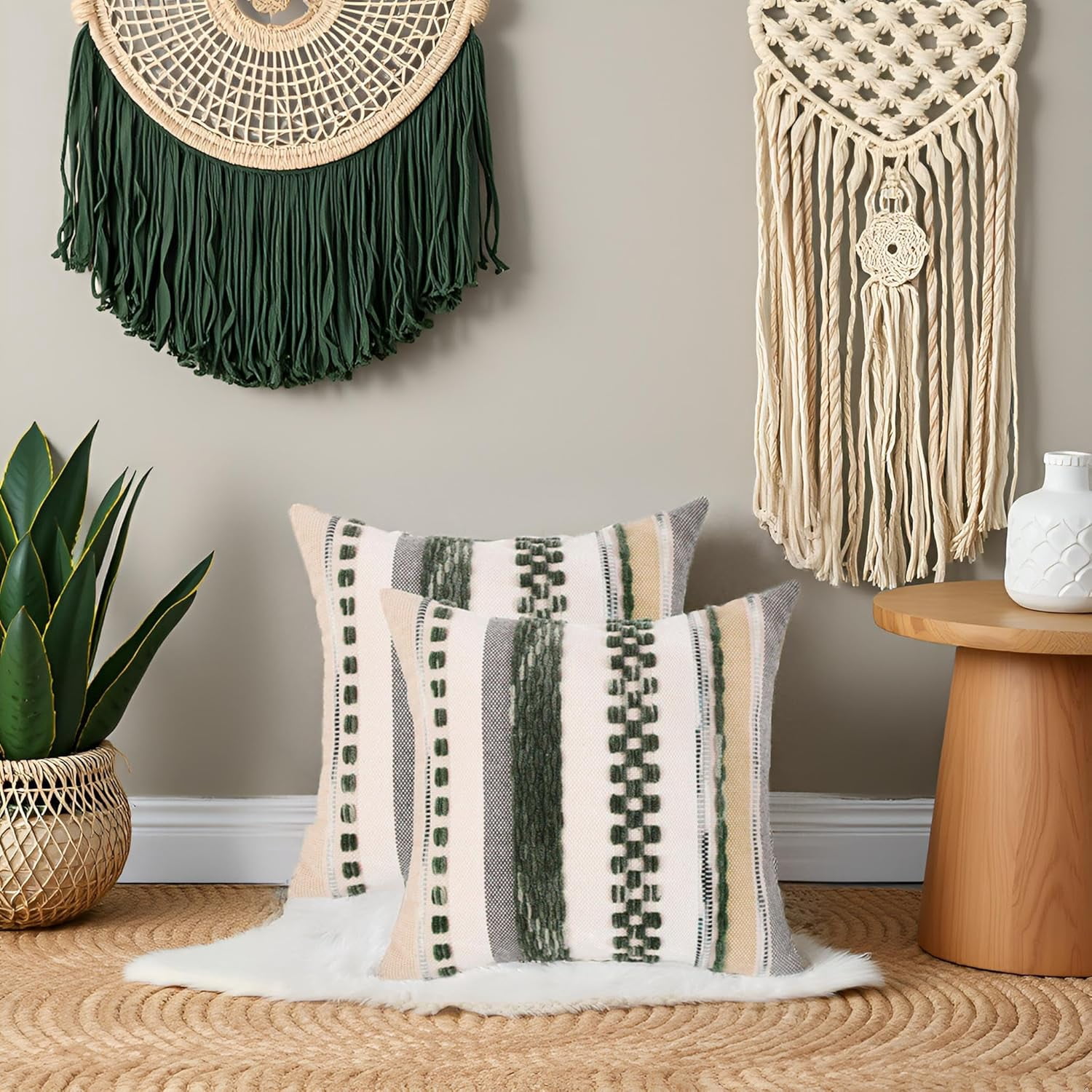 Tosleo Green Accent Pillow Covers 18x18 Set of 2 Boho Throw Pillow Covers Striped Decorative Pillow Cases Soft Chenille Pillow Cases Farmhouse Cushion Case Accent Nuetral Textured Pillow Cover