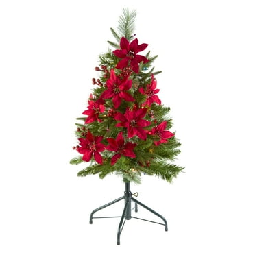 National Tree Company 3 ft. Pre-Lit Feel Real® Artificial Pencil Slim Christmas Tree, Green, Colonial Fir, Red Berries, Red Poinsettias, 50 Multicolor Lights, Includes Stand