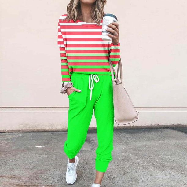 Puntoco Traje Casual Con Cordón Y Cuello Redondo De Manga Larga Con Estampado Holgado A La Moda Para Mujer Verde M