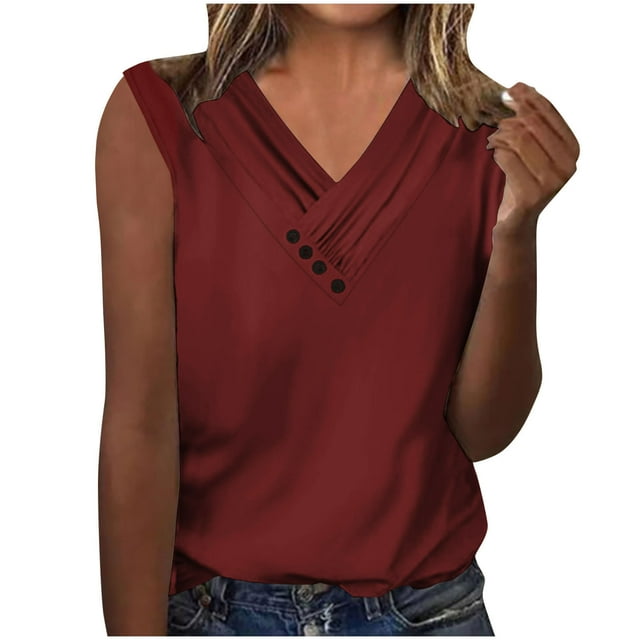FAIWAD Women V Neck Button Down Tops Solid Color Ruched Loose Sleeveless Blouses Basic Dressy 2024 Clothes
