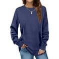thumbnail image 2 of tklpehg Autumn Winter Womens Sweatshirt Leisure Crewneck Solid Color Long Sleeve Tunic Tops To Wear with Leggings Long Comfy Loose Blouse Pullover Shirts Navy S, 2 of 7