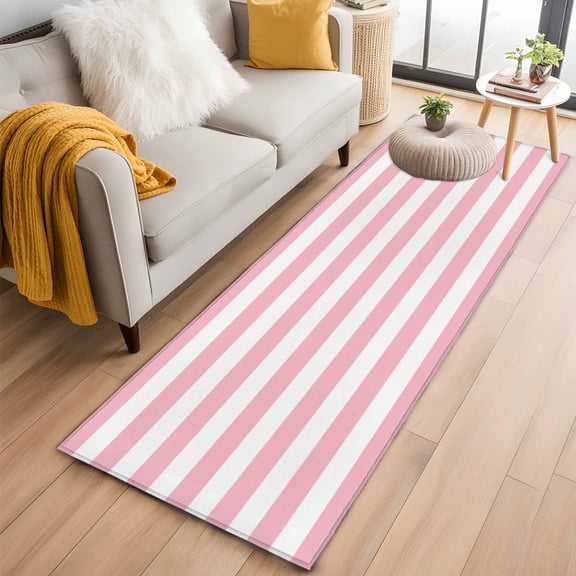 Rectangle Rug 2x6ft Area Rug,Pink White Stripe Area Rugs for Living Room Bedroom,Classic Geometric Line Floor Mat Non-Slip Non-Shedding Carpet Indoor Accent Rugs