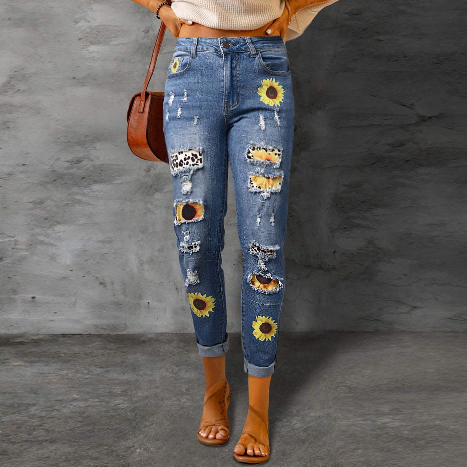 Mlqidk Jeans for Women Stretch Ripped Floral Patchwork Jeans Destroyed Slim  Fit Denim Pants,Yellow XXL